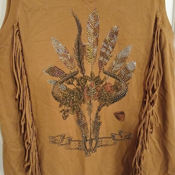 NWT western tank top with bling cow head skull feathers flowers fringe XL - Picture 2 of 5